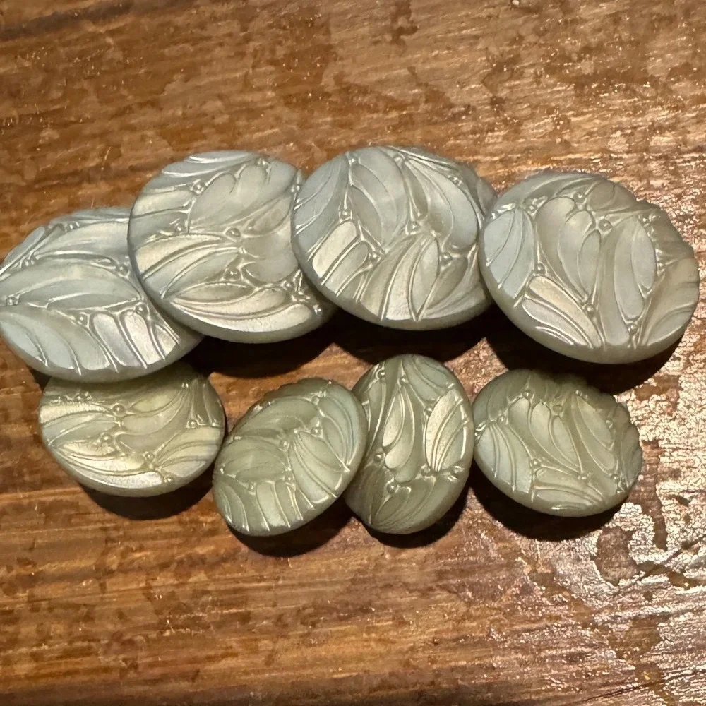 8 Vintage Iridescent Sage Green Art Nouveau Floral Leaf Shank Buttons Set